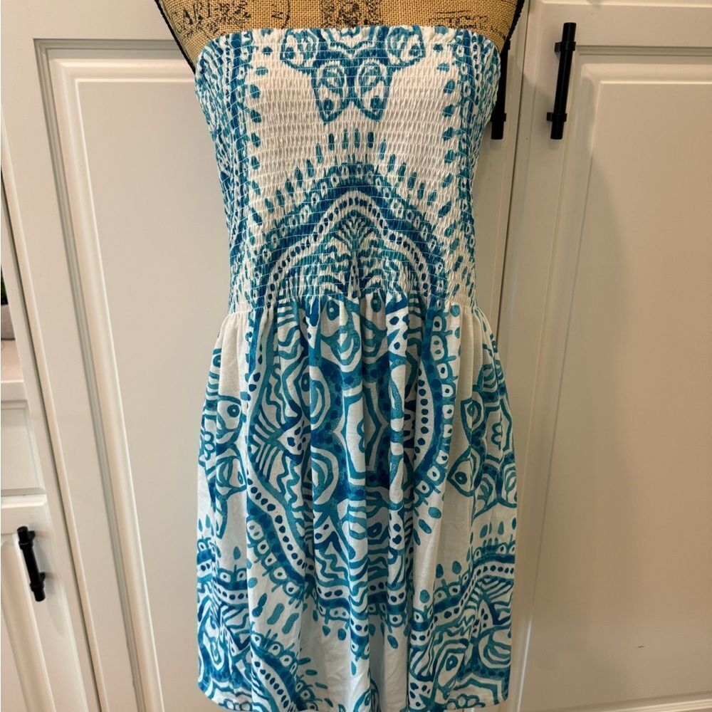 Blue and White Strapless Dress